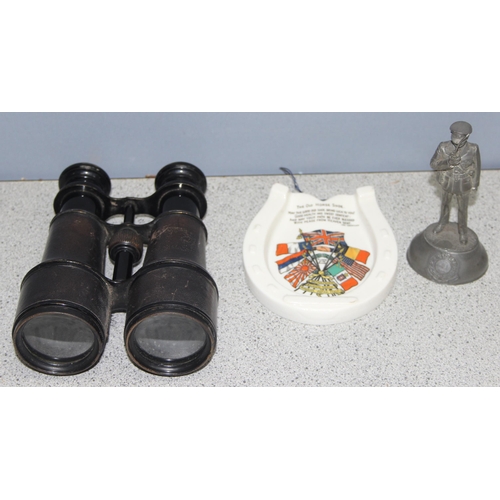 1414 - Early 19c military style brass and leather bound binoculars, a WWI Goss ware commemorative ceramic h... 