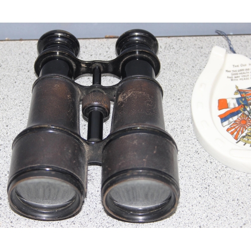 1414 - Early 19c military style brass and leather bound binoculars, a WWI Goss ware commemorative ceramic h... 