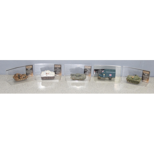 1519 - Set of 4 Corgi die cast model WWII tanks and an RAF Morris Ambulance - all with Perspex display stan... 