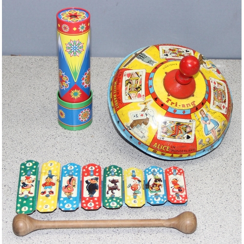 1520 - 3 vintage children’s tin ware toys - Tri-ang Alice in Wonderland spinning top, Noddy character xylop... 