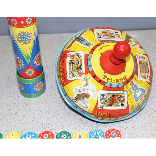 1520 - 3 vintage children’s tin ware toys - Tri-ang Alice in Wonderland spinning top, Noddy character xylop... 