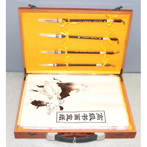 1618 - Professional quality Japanese/Chinese Calligraphy writing and painting set in fitted hardwood decora... 