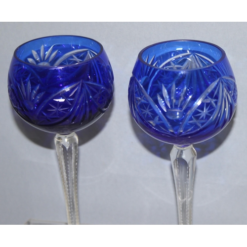 1620 - Pair of blue flash glass bohemian wine glasses, each approx 18.5cm