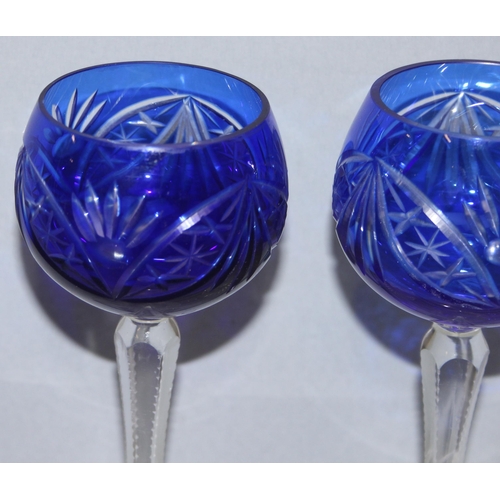 1620 - Pair of blue flash glass bohemian wine glasses, each approx 18.5cm