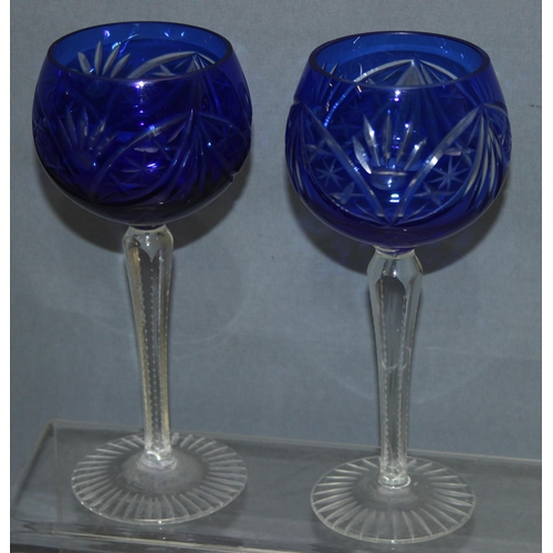 1620 - Pair of blue flash glass bohemian wine glasses, each approx 18.5cm