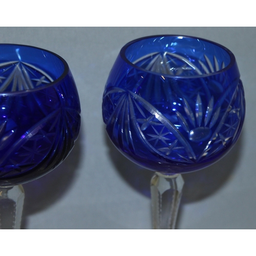 1620 - Pair of blue flash glass bohemian wine glasses, each approx 18.5cm