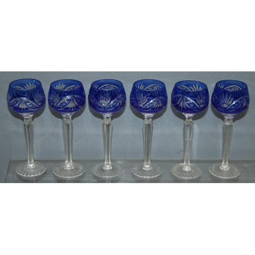 1621 - Set of 6 blue flash glass bohemian liqueur glasses, each approx 14.5cm