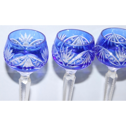 1621 - Set of 6 blue flash glass bohemian liqueur glasses, each approx 14.5cm