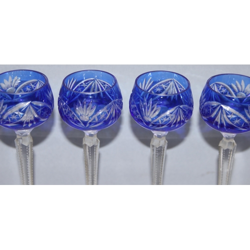 1621 - Set of 6 blue flash glass bohemian liqueur glasses, each approx 14.5cm