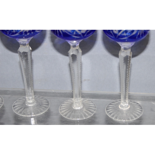 1621 - Set of 6 blue flash glass bohemian liqueur glasses, each approx 14.5cm