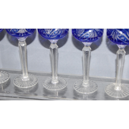 1621 - Set of 6 blue flash glass bohemian liqueur glasses, each approx 14.5cm