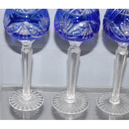 1621 - Set of 6 blue flash glass bohemian liqueur glasses, each approx 14.5cm