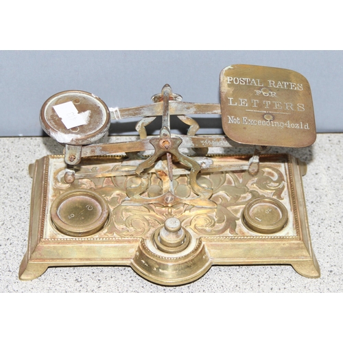 1628 - Set of vintage brass postage weight 4oz scales with weights