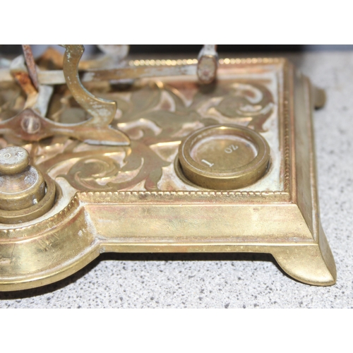 1628 - Set of vintage brass postage weight 4oz scales with weights