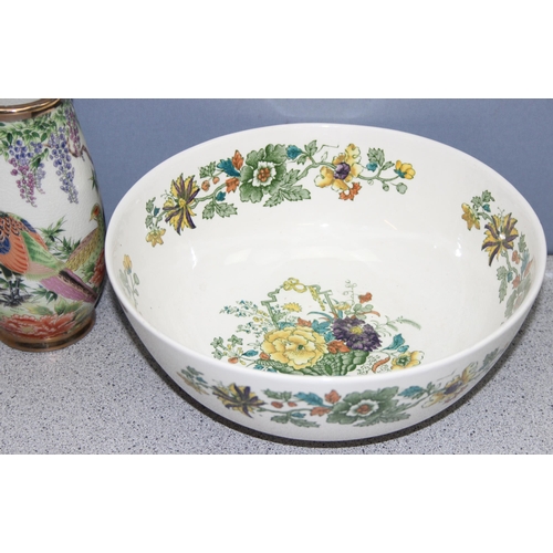 1732 - Large Masons Strathmore fruit bowl, a Belleek ceramic vase, a Japanese wisteria and bird design vase... 