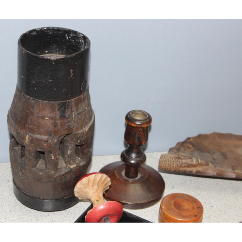 1753 - Qty of assorted interesting wooden items to incl a cartwheel hub, Victorian painted papier mache box... 