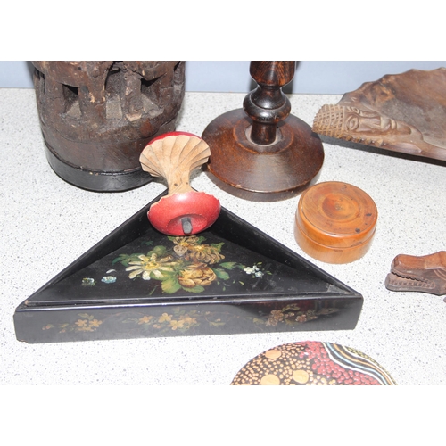 1753 - Qty of assorted interesting wooden items to incl a cartwheel hub, Victorian painted papier mache box... 