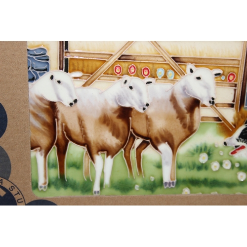 1758 - Large hand painted ceramic tile of sheep and sheepdog, approx 31cm x 21cm