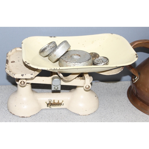 1760 - Set of vintage scales marked 'The Queen' with weights, a copper teapot and a copper half-gallon jug