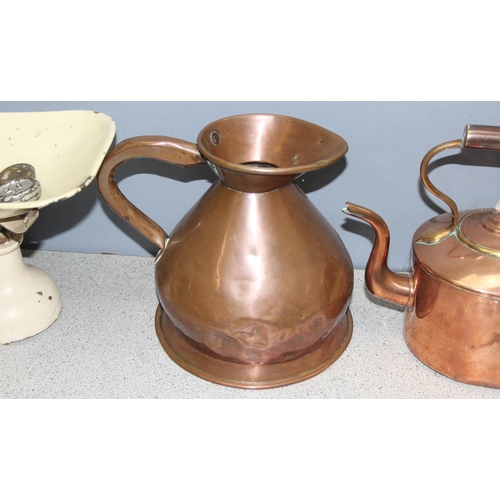 1760 - Set of vintage scales marked 'The Queen' with weights, a copper teapot and a copper half-gallon jug