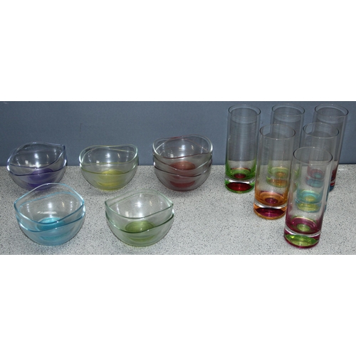 1764 - Set of 6 tall drinking glasses with colourful bases, and a set of 10 coloured glass dessert bowls