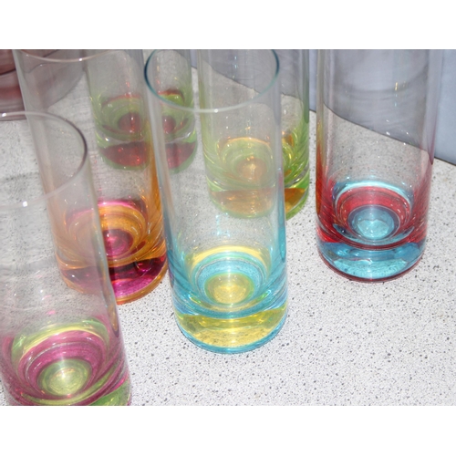 1764 - Set of 6 tall drinking glasses with colourful bases, and a set of 10 coloured glass dessert bowls