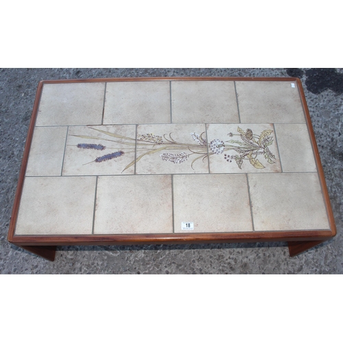 18 - Retro tile topped coffee table, approx 106cm wide x 65cm deep x 40cm tall