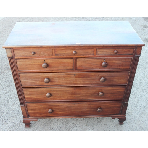 21 - An unusual antique mahogany chest of drawers, the drawers of uncommon form being 3 over 2 over 3, st... 