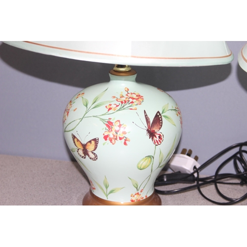 237 - Pair of duck egg blue ceramic hand painted Chinese table lamps with matching colour silk lampshades ... 