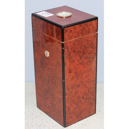 271 - A cedar lined desk-top cigar humidor with high gloss burr-wood finish, lid inset with a 'Punch' hygr... 