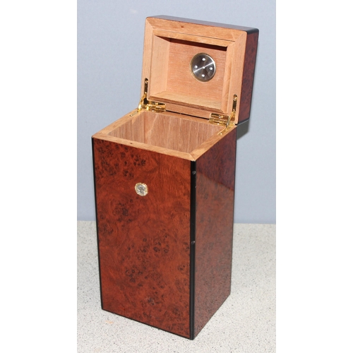 271 - A cedar lined desk-top cigar humidor with high gloss burr-wood finish, lid inset with a 'Punch' hygr... 