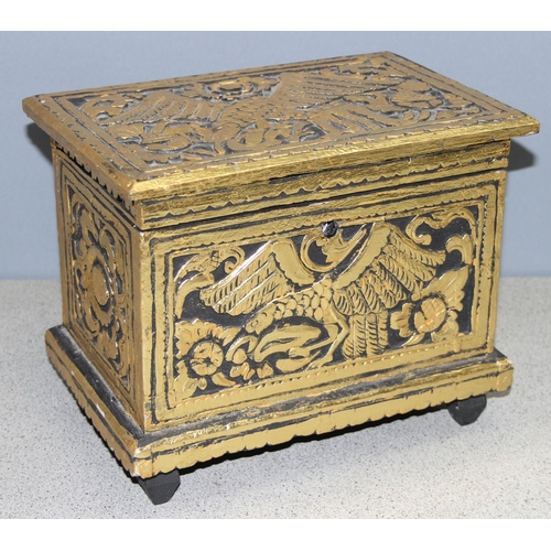 272 - Small vintage carved and giltwood chest on feet decorated with birds and flowers, approx 29cm x 24cm... 