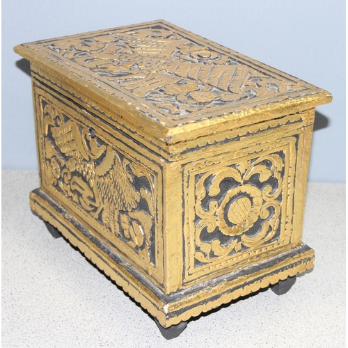 272 - Small vintage carved and giltwood chest on feet decorated with birds and flowers, approx 29cm x 24cm... 