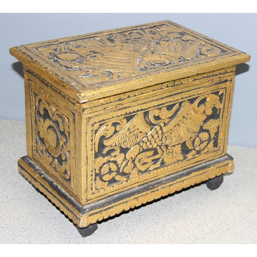 272 - Small vintage carved and giltwood chest on feet decorated with birds and flowers, approx 29cm x 24cm... 