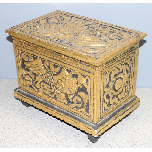 272 - Small vintage carved and giltwood chest on feet decorated with birds and flowers, approx 29cm x 24cm... 