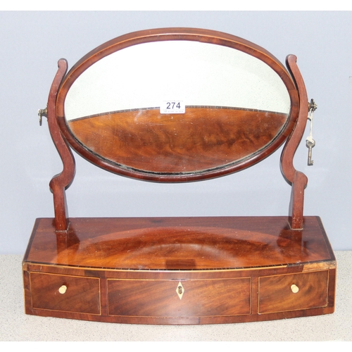 274 - Antique mahogany dressing table-top mirror with 3 drawers and tilting oval shaped mirror, approx 42c... 