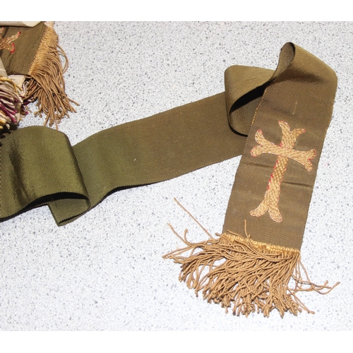 276 - Antique travelling vanity case with some contents, black top hat and 2 embroidered bible bookmarks