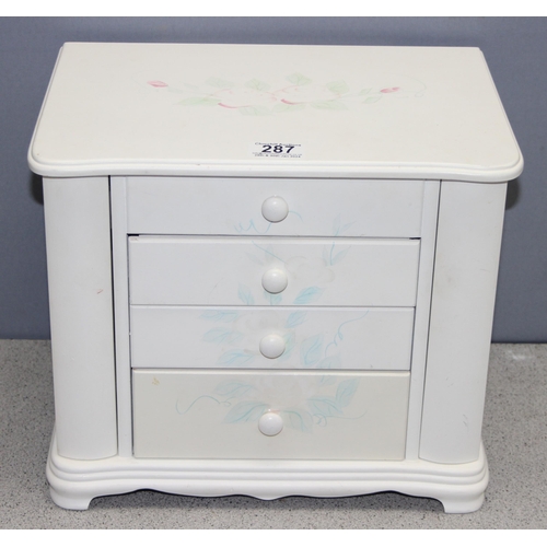 287 - Large 3-drawer fitted painted jewellery chest with mirror to inner lid and fold-out sides containing... 