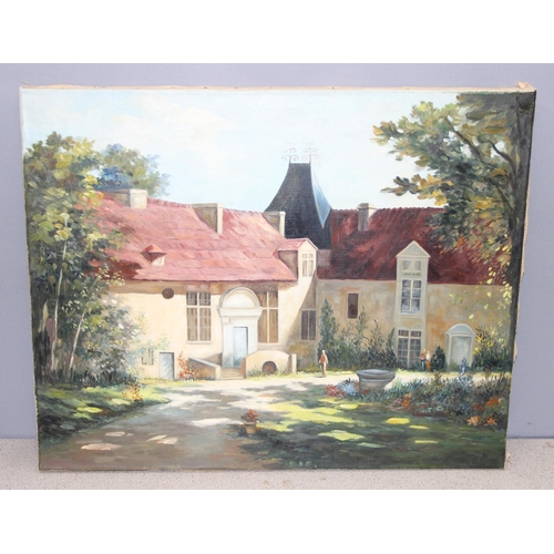 405 - A vintage oil on canvas of a country house or a chateau, seemingly unsigned and unframed, approx 75c... 