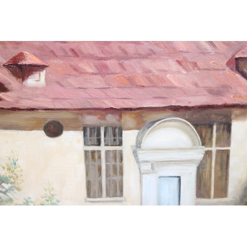 405 - A vintage oil on canvas of a country house or a chateau, seemingly unsigned and unframed, approx 75c... 