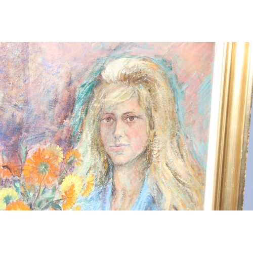 410 - Large oil on canvas in gilt frame of a young lady and flowers, seemingly unsigned, approx 80cm x 66c... 