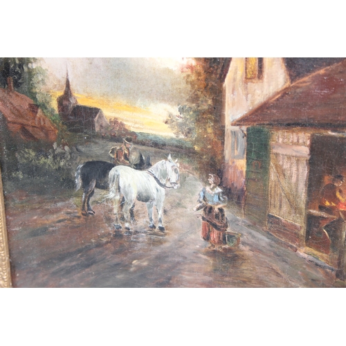 413 - Antique oil on canvas in glazed ornate gilt frame of an old country lane scene with Blacksmith's for... 