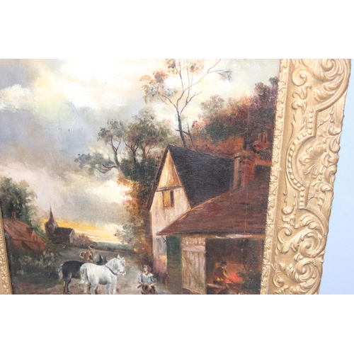 413 - Antique oil on canvas in glazed ornate gilt frame of an old country lane scene with Blacksmith's for... 