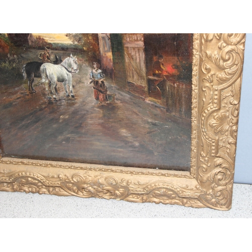 413 - Antique oil on canvas in glazed ornate gilt frame of an old country lane scene with Blacksmith's for... 