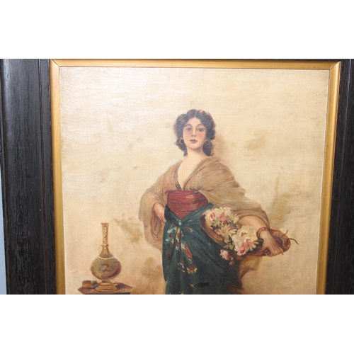 417 - Oil on board of a Spanish lady holding flowers, signed VIM, 1923, and an indistinctly signed oil on ... 