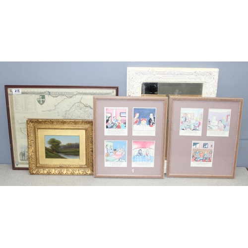 418 - White painted framed mirror and a mixed lot of pictures to incl small oil painting in gilt frame, 2 ... 