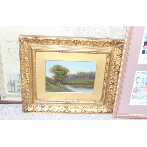 418 - White painted framed mirror and a mixed lot of pictures to incl small oil painting in gilt frame, 2 ... 