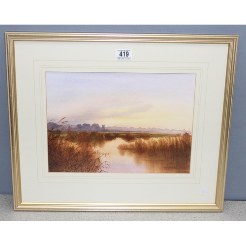 419 - Tony Malton (XX) - A river landscape scene at sunrise with Church in the distance, approx 54cm x 45c... 