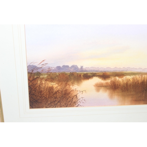 419 - Tony Malton (XX) - A river landscape scene at sunrise with Church in the distance, approx 54cm x 45c... 