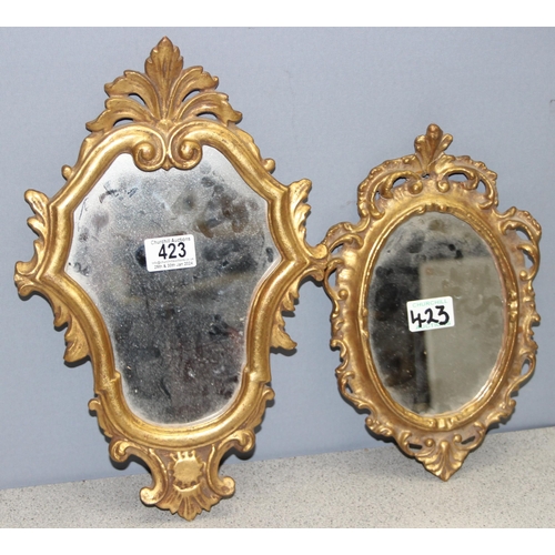 423 - 2 small ornate gilt-framed shaped mirrors, largest 38cm x 24cm